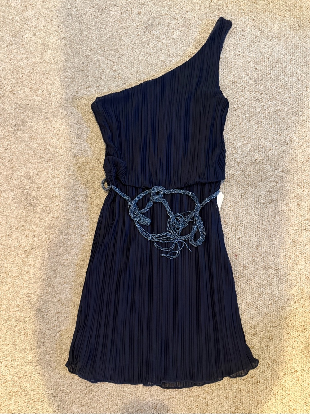 One-Shoulder Navy Pleated Cocktail Dress